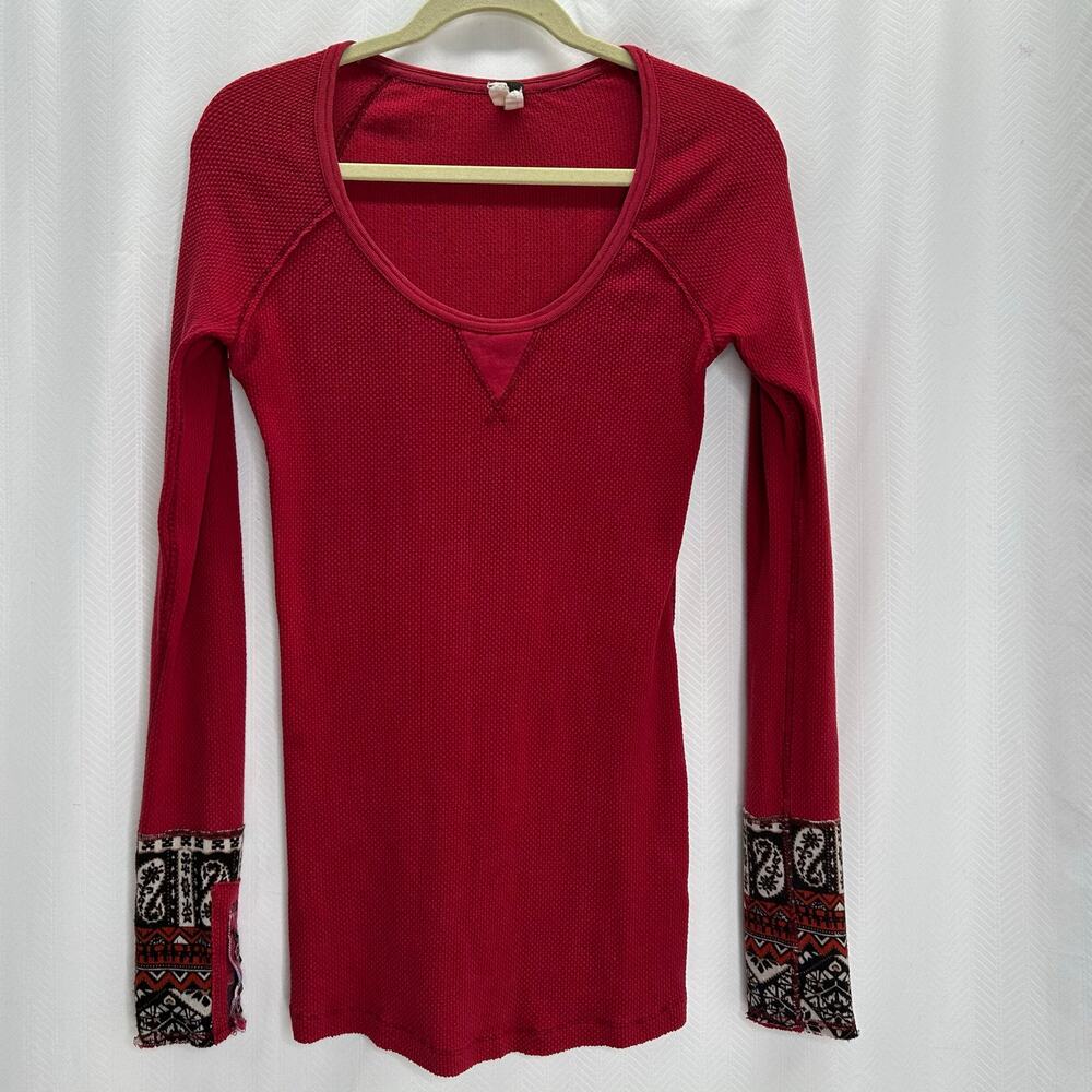 Free People red thermal top long sleeve with decorative cuffs
